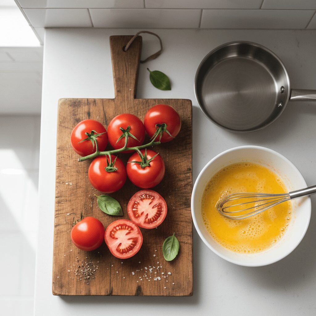 Photorealistic, high-angle shot of fresh, ripe red tomatoes on a wooden cutting 