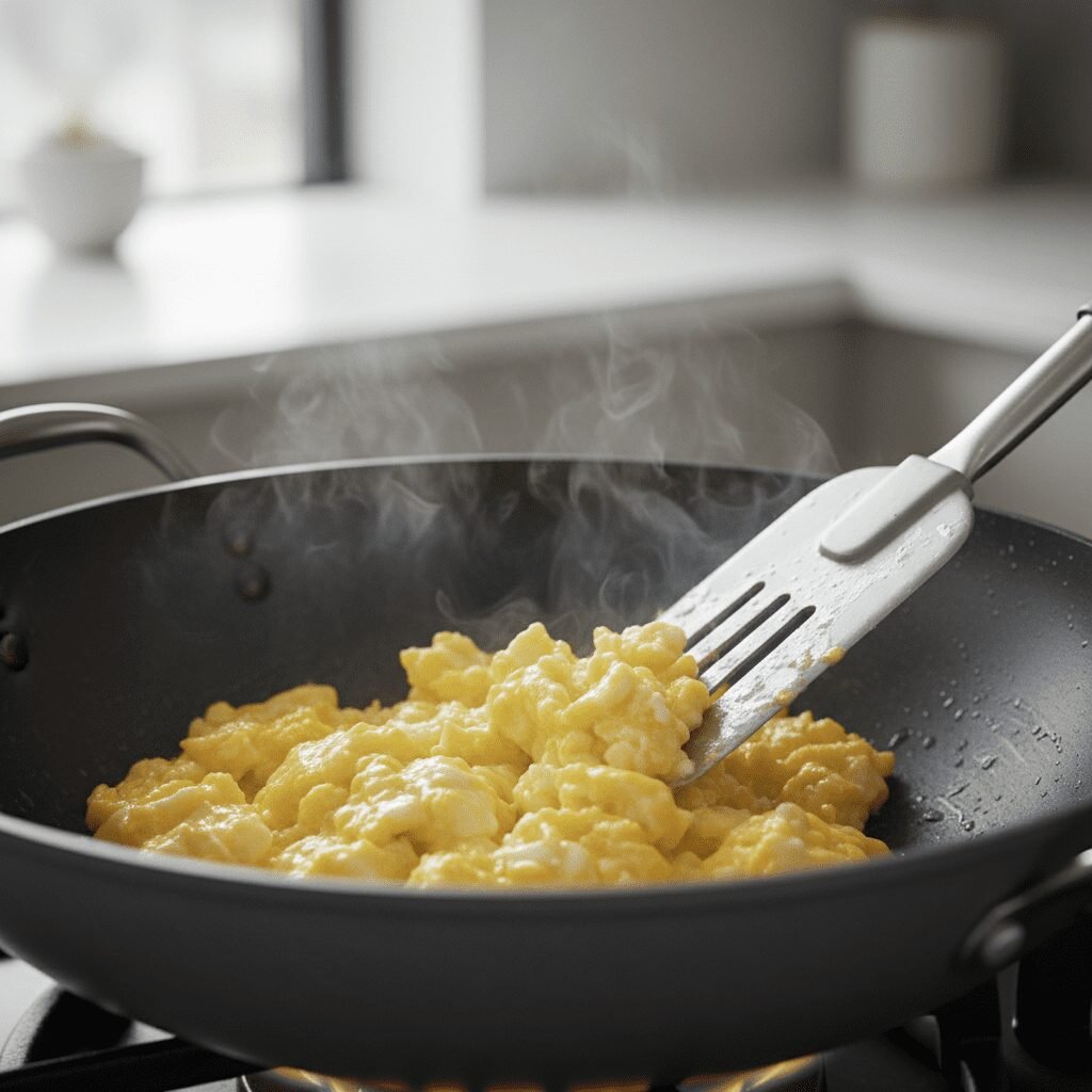 Photorealistic, close-up action shot of fluffy scrambled eggs being gently pushe