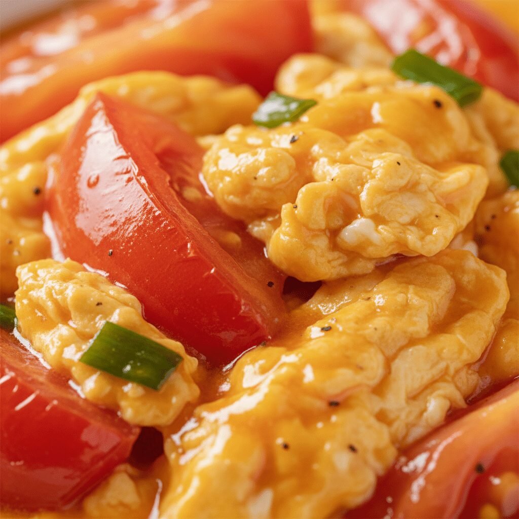 Photorealistic, extreme close-up of the Tomato and Egg Stir Fry, highlighting th