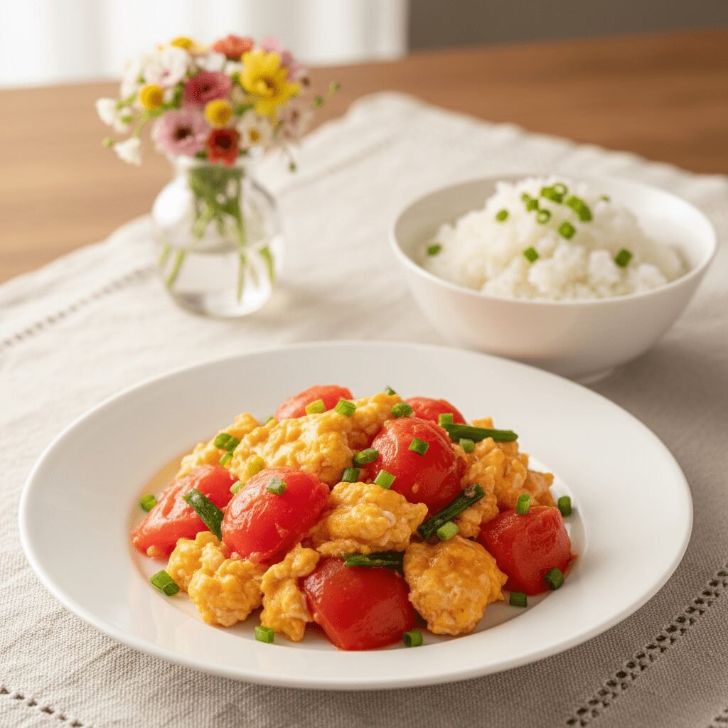 Photorealistic, beautifully plated Tomato and Egg Stir Fry served on a simple wh