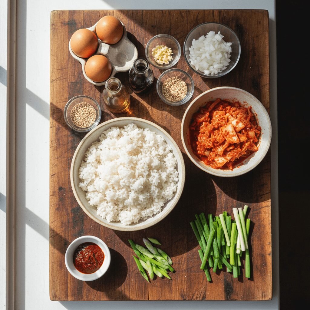 Photorealistic, overhead shot of all raw ingredients for Kimchi Fried Rice laid 