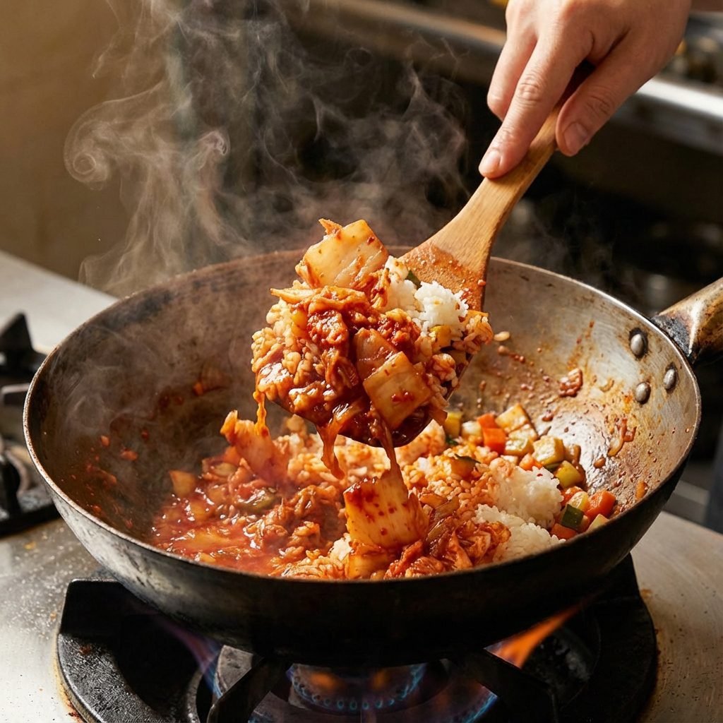 Photorealistic, action shot of kimchi and cold day-old rice being stir-fried in 