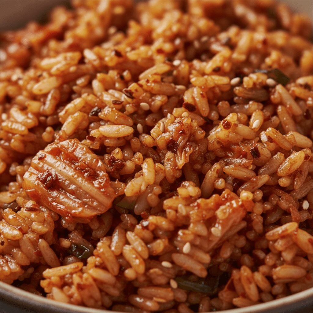 Photorealistic, extreme close-up shot of the texture of Kimchi Fried Rice in a b