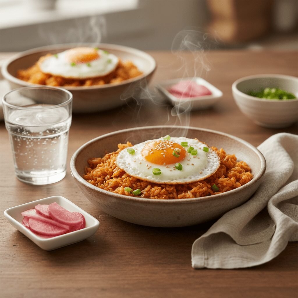 Photorealistic, beautifully styled table setting with a bowl of Kimchi Fried Ric