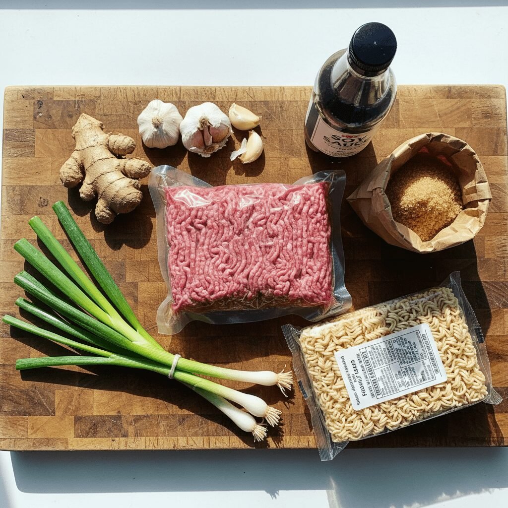 Photorealistic, overhead shot of all the raw ingredients neatly arranged on a ru