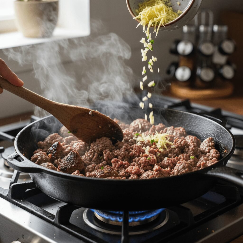 Photorealistic, close-up action shot of ground beef browning in a large, hot ski