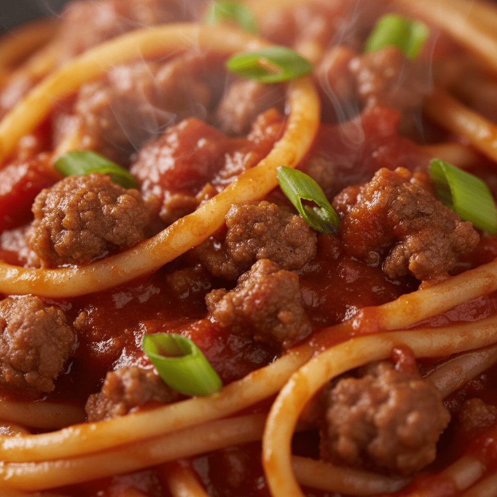 Photorealistic, extreme close-up shot focusing on the texture of the saucy noodl