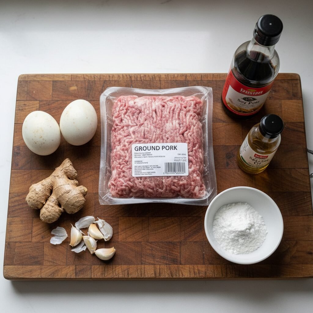 Photorealistic, overhead shot of all the raw ingredients laid out neatly on a ru