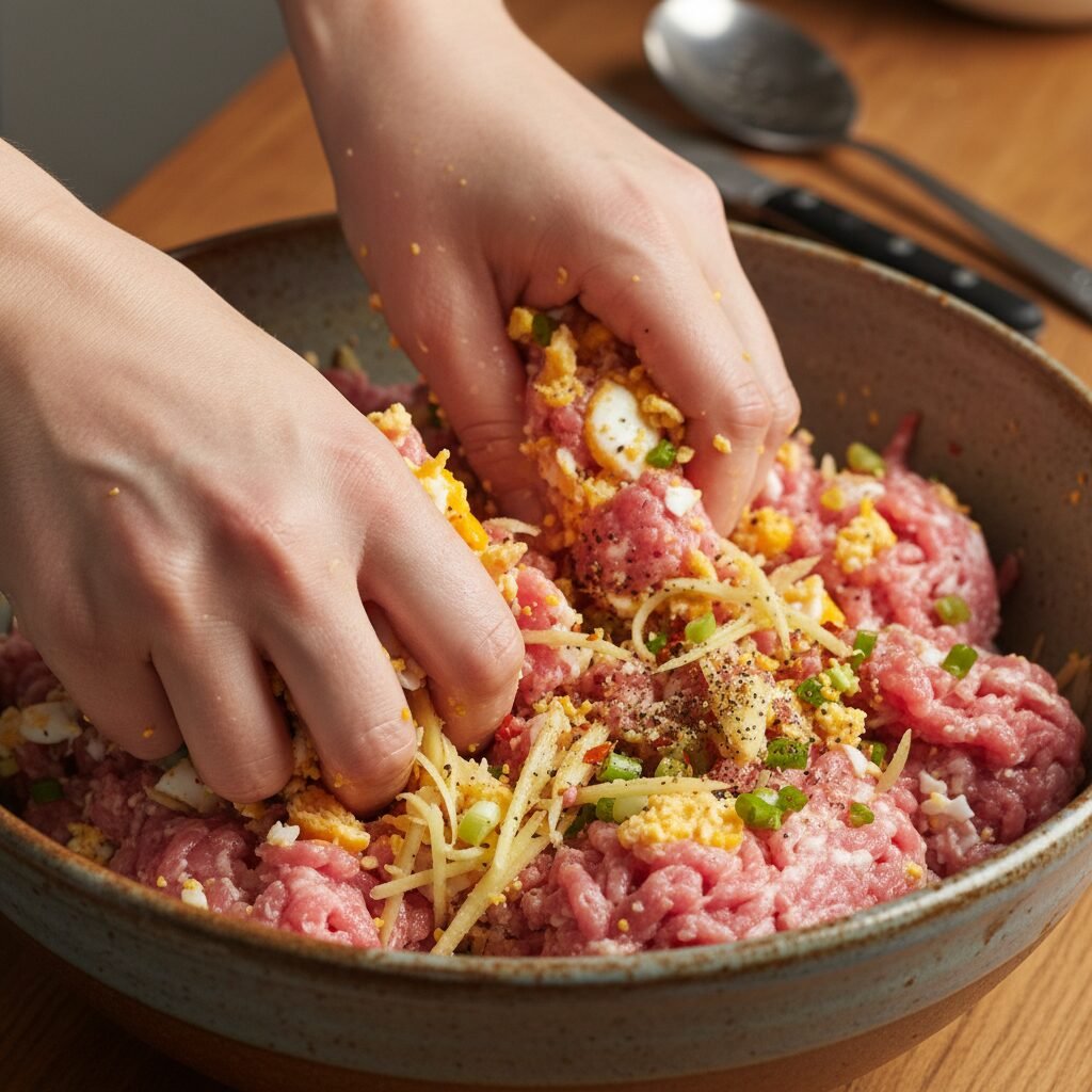 Photorealistic, close-up shot of hands mixing the ground pork with the mashed sa