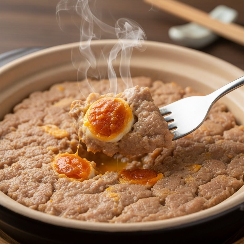 Photorealistic, extreme close-up shot of the steamed minced pork, showing its te