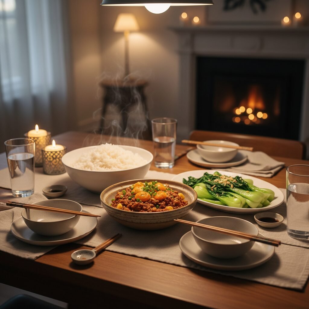 Photorealistic, a beautifully set dinner table scene featuring the 15 Minute Ste