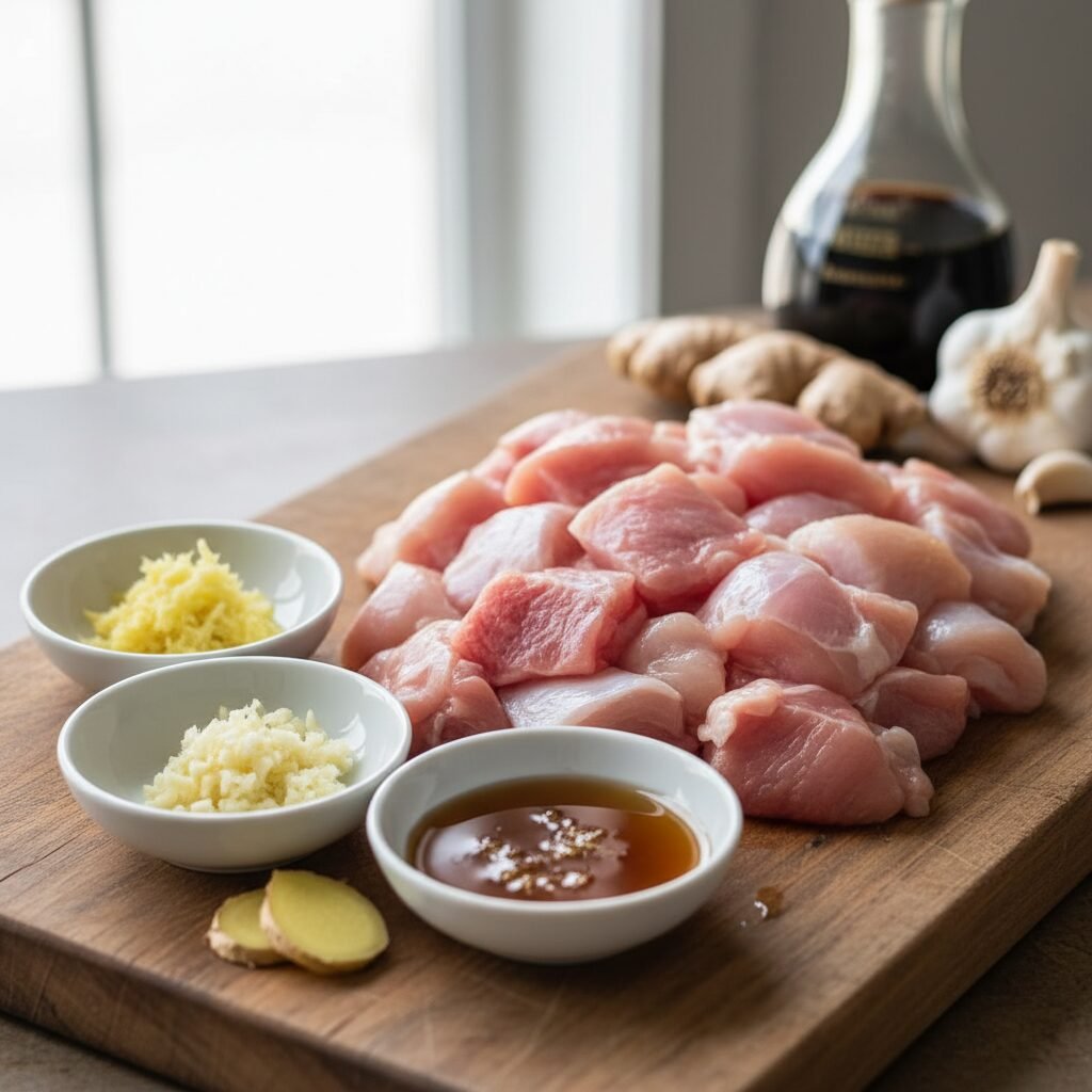 Photorealistic, high-end food photography. A close-up shot of raw chicken thighs