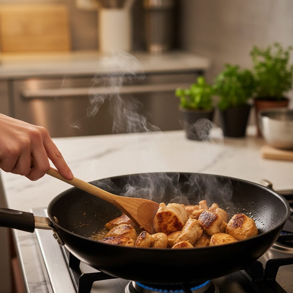Photorealistic, high-end food photography. A dynamic shot of chicken pieces sear