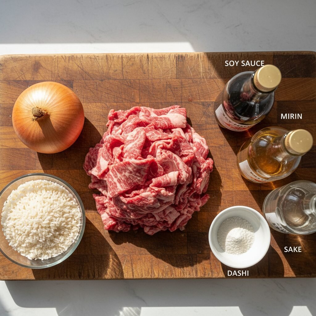 Photorealistic, overhead shot of all the raw ingredients for Gyudon neatly arran