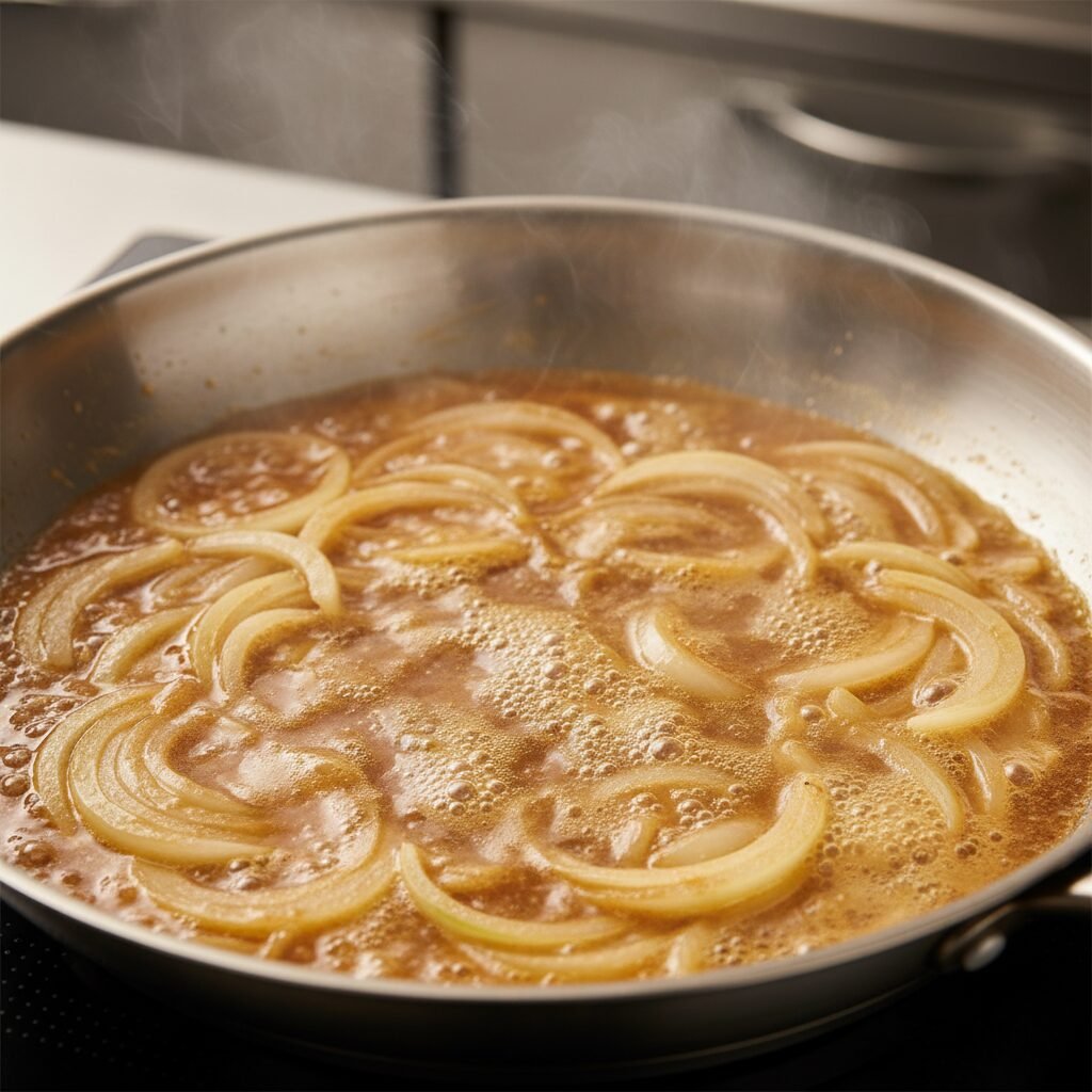Photorealistic, close-up shot of thinly sliced yellow onions simmering in a larg
