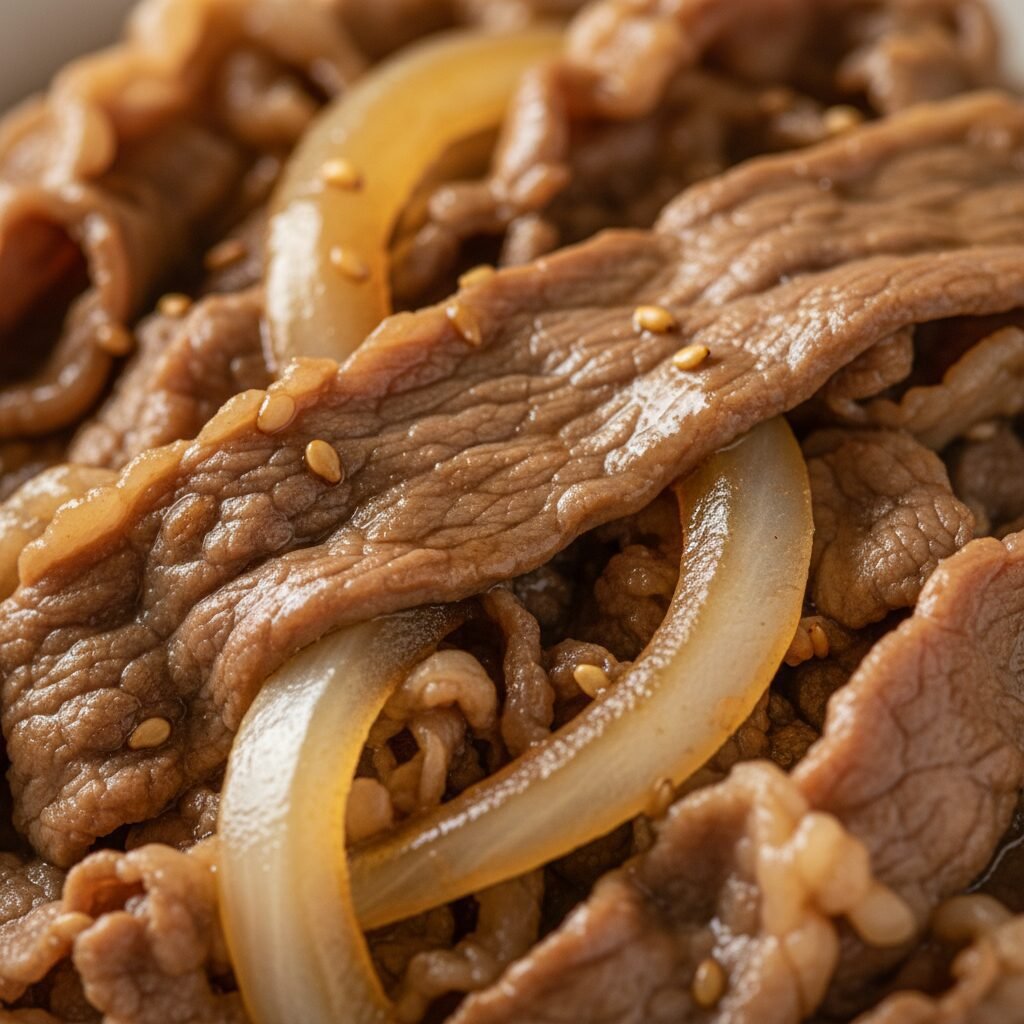 Photorealistic, extreme close-up shot focusing on the texture of the cooked, thi