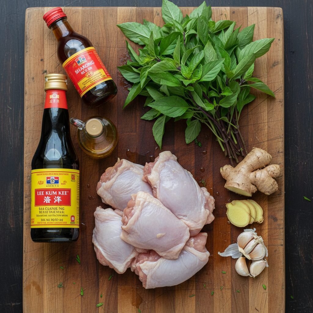 Photorealistic, overhead shot of all raw ingredients for Taiwanese Three Cup Chi