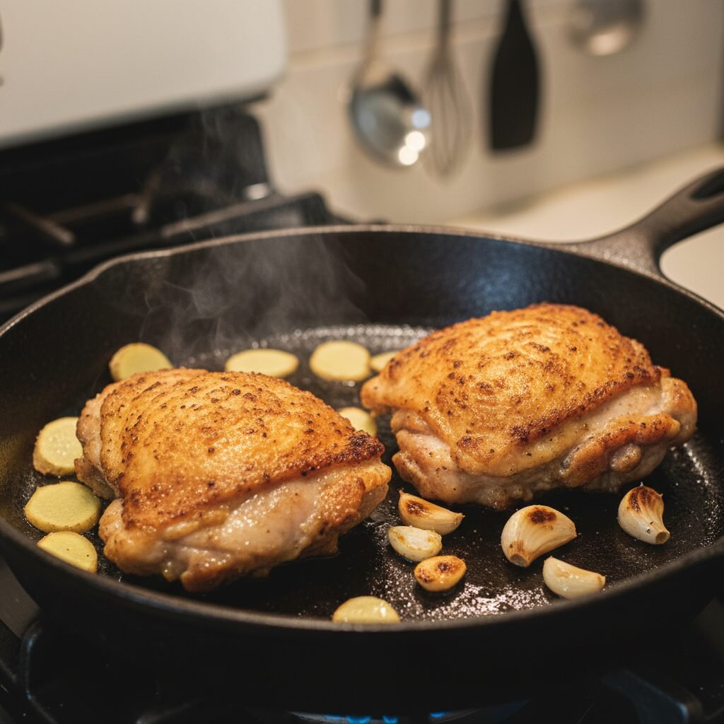 Photorealistic, close-up action shot of chicken thighs searing in a hot wok or l