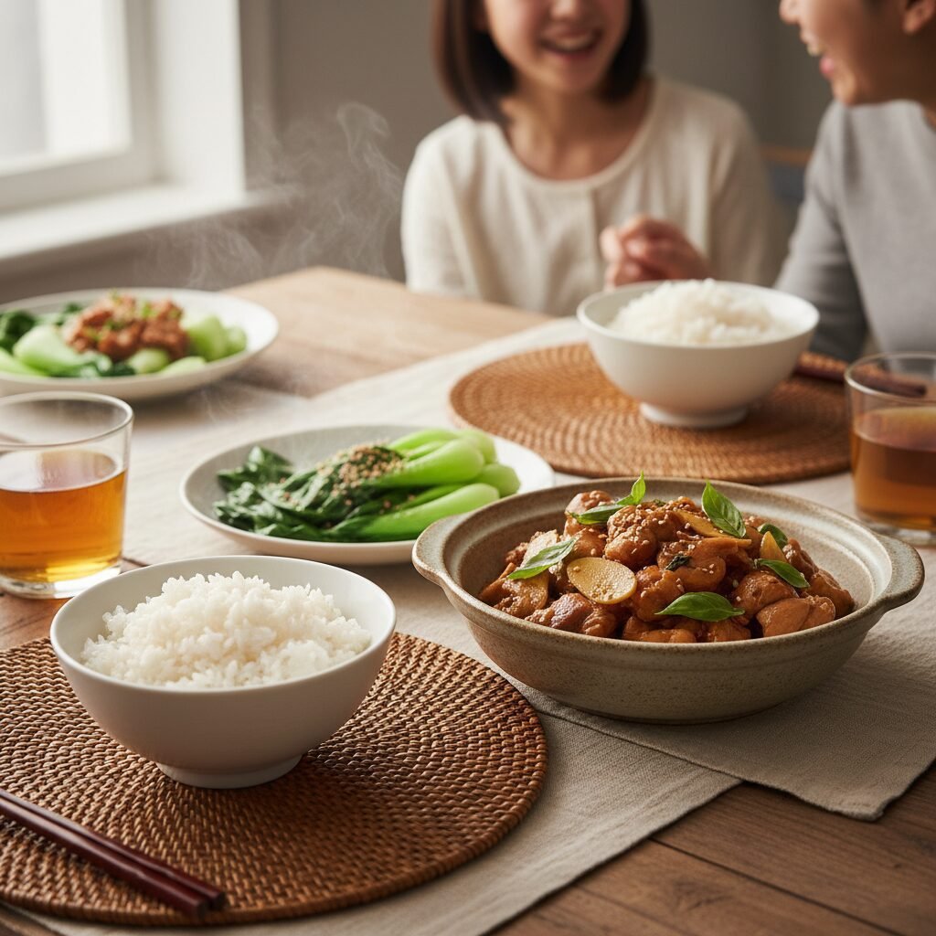 Photorealistic, beautifully styled table setting featuring a serving bowl of Tai
