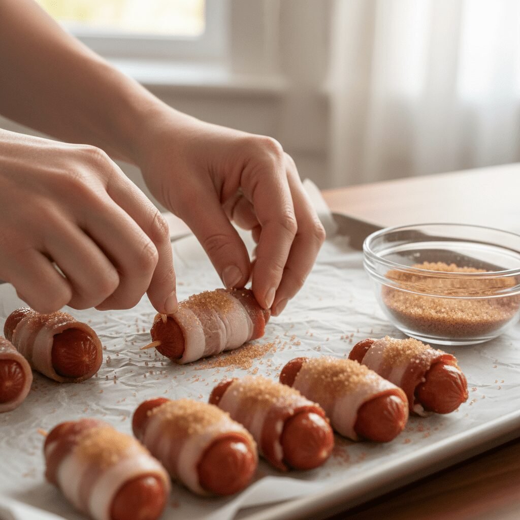 Photorealistic, close-up shot of hands carefully wrapping a cocktail sausage wit