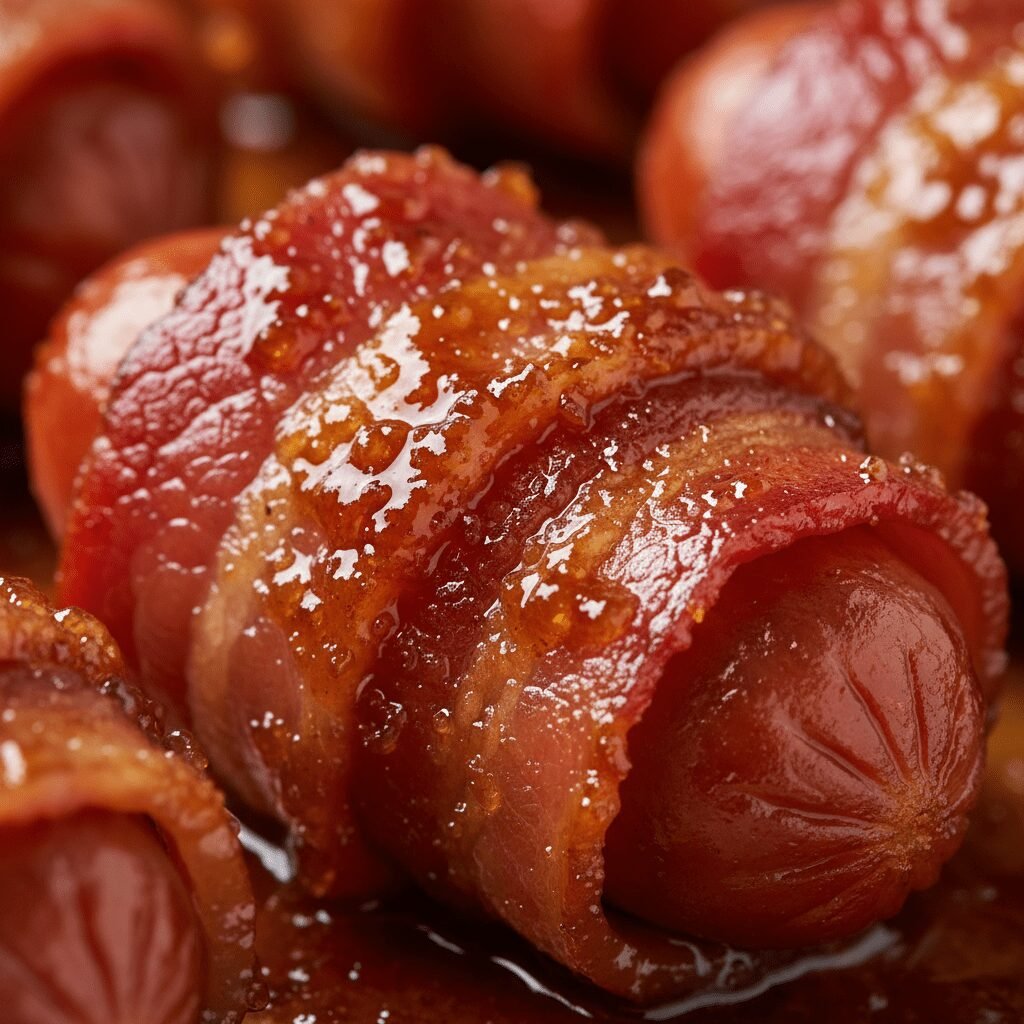 Photorealistic, extreme close-up shot of a single bacon-wrapped smokie, showcasi