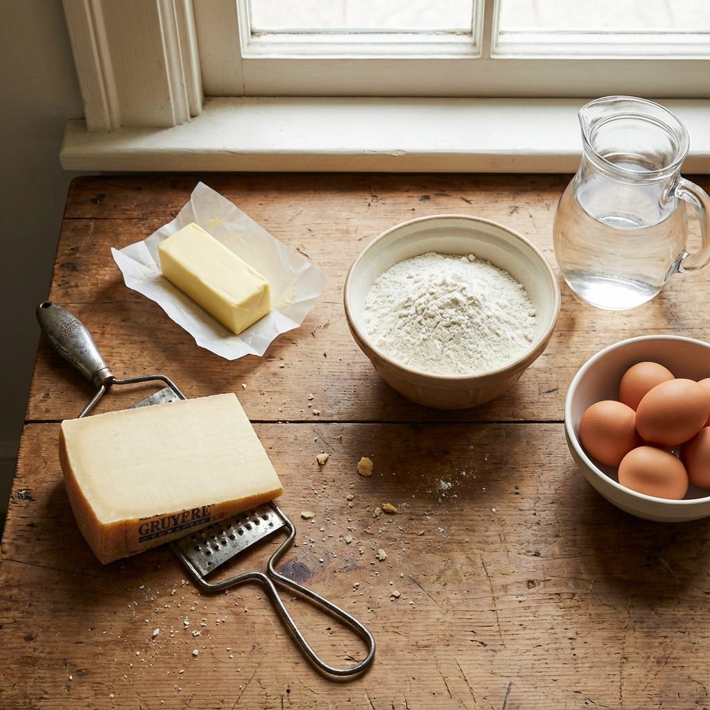 Photorealistic, overhead shot of the raw ingredients laid out on a clean, rustic