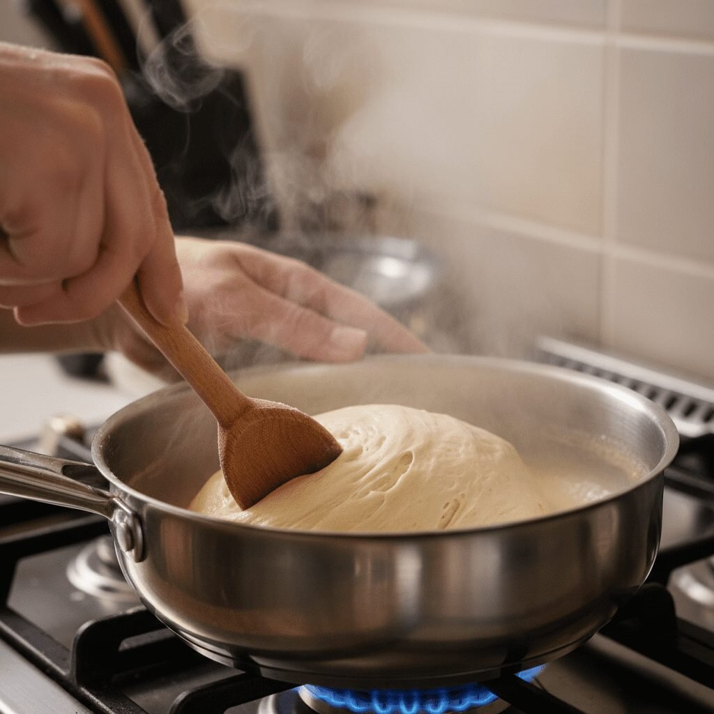 Photorealistic, close-up shot of a wooden spoon stirring the choux pastry dough