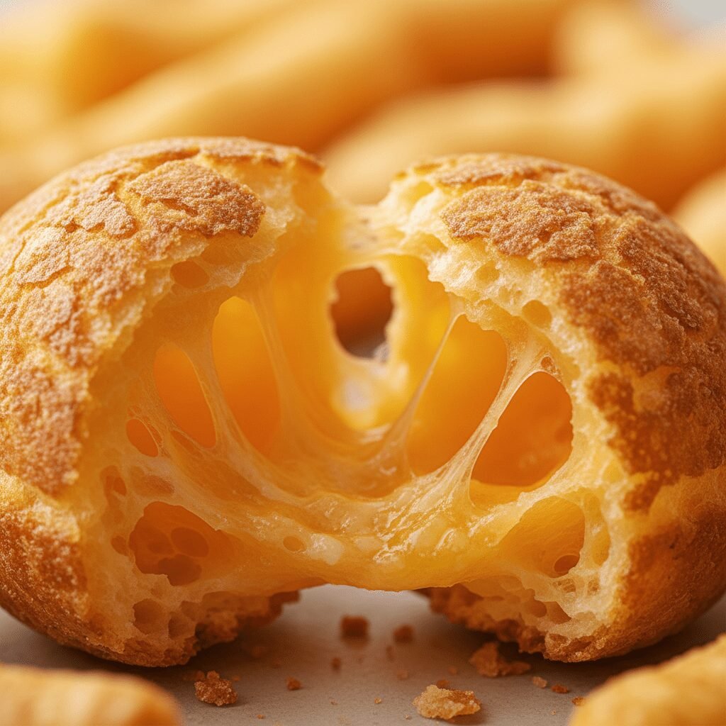 Photorealistic, extreme close-up shot of a single baked cheese puff, broken open