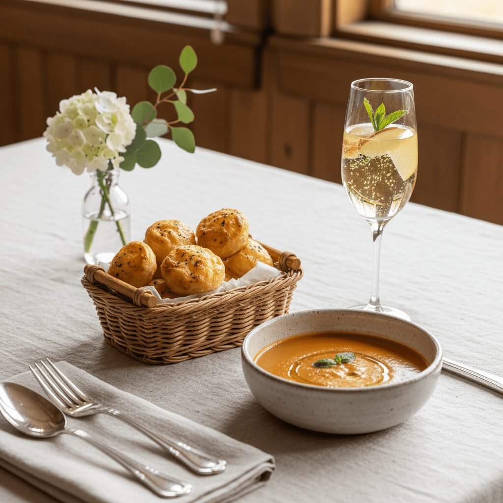 Photorealistic, elegant table setting featuring a small basket overflowing with