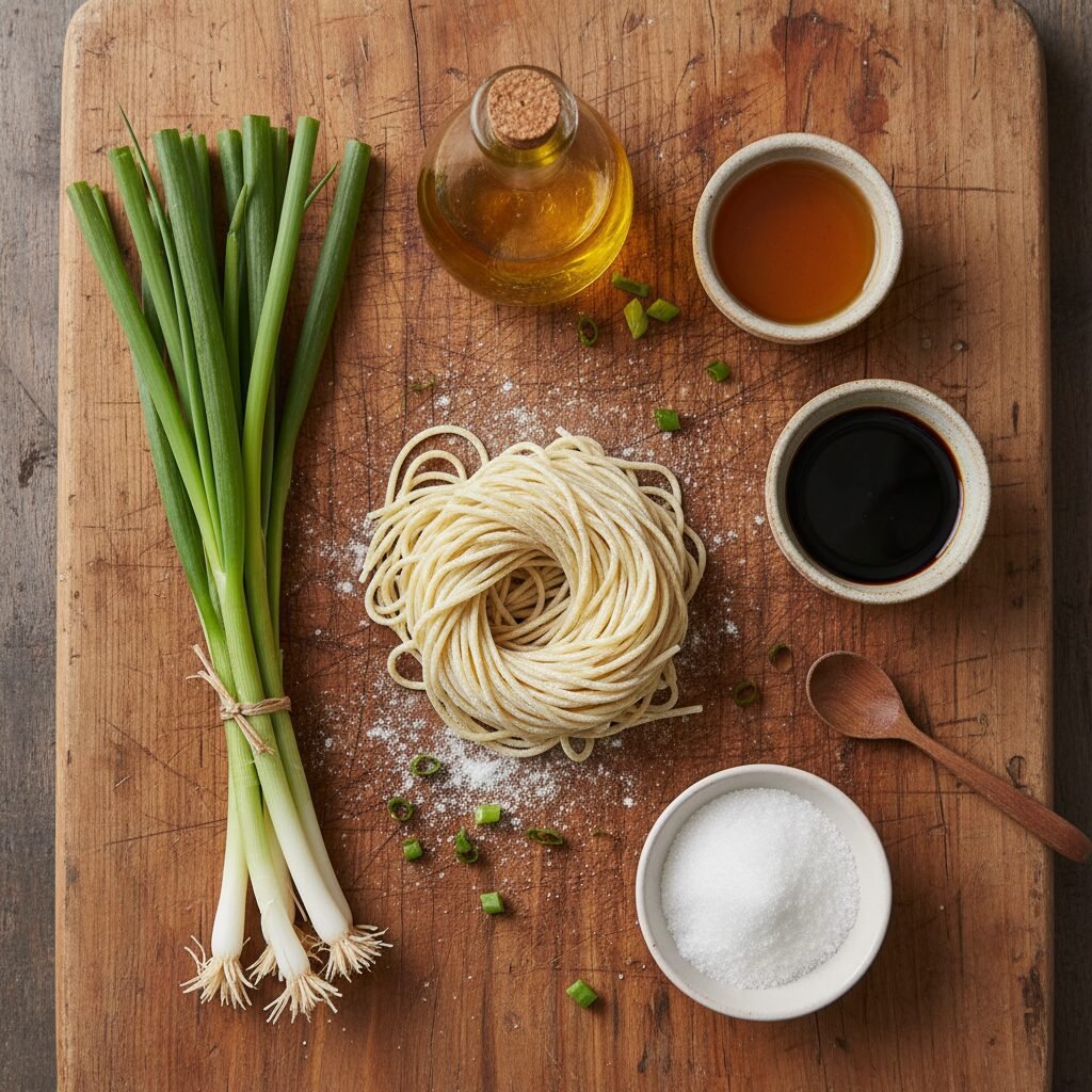 A flat lay of the 6 simple ingredients: fresh noodles, a bunch of scallions, neu