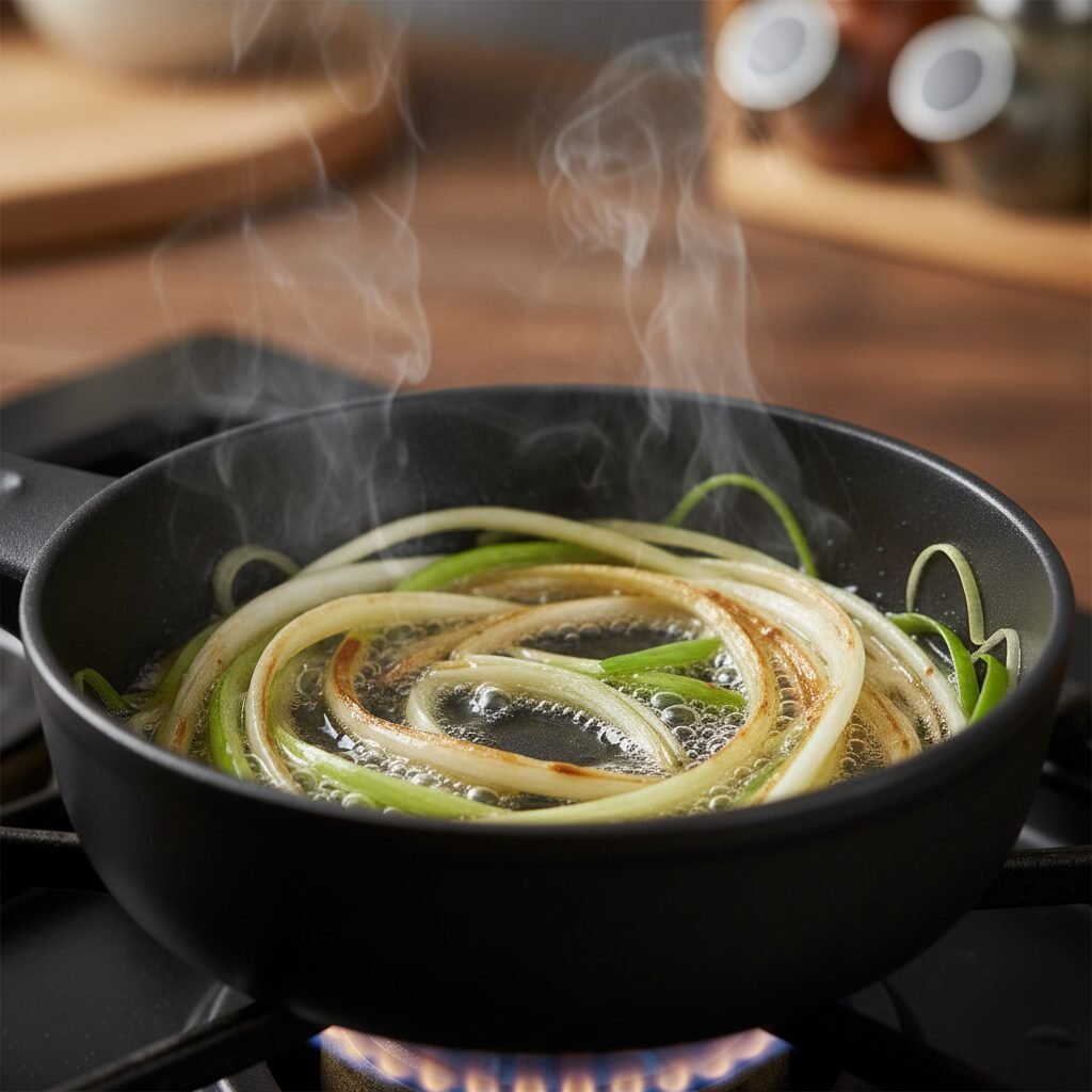 A close-up shot of scallions sizzling gently in a small saucepan with neutral oi