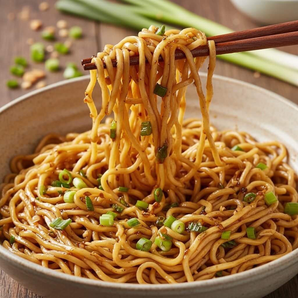 A macro shot of the cooked noodles being tossed in a large mixing bowl with the