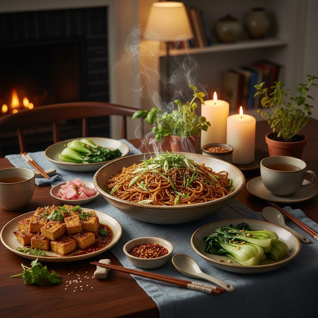 A beautifully set dinner table with a steaming bowl of scallion noodles as the c