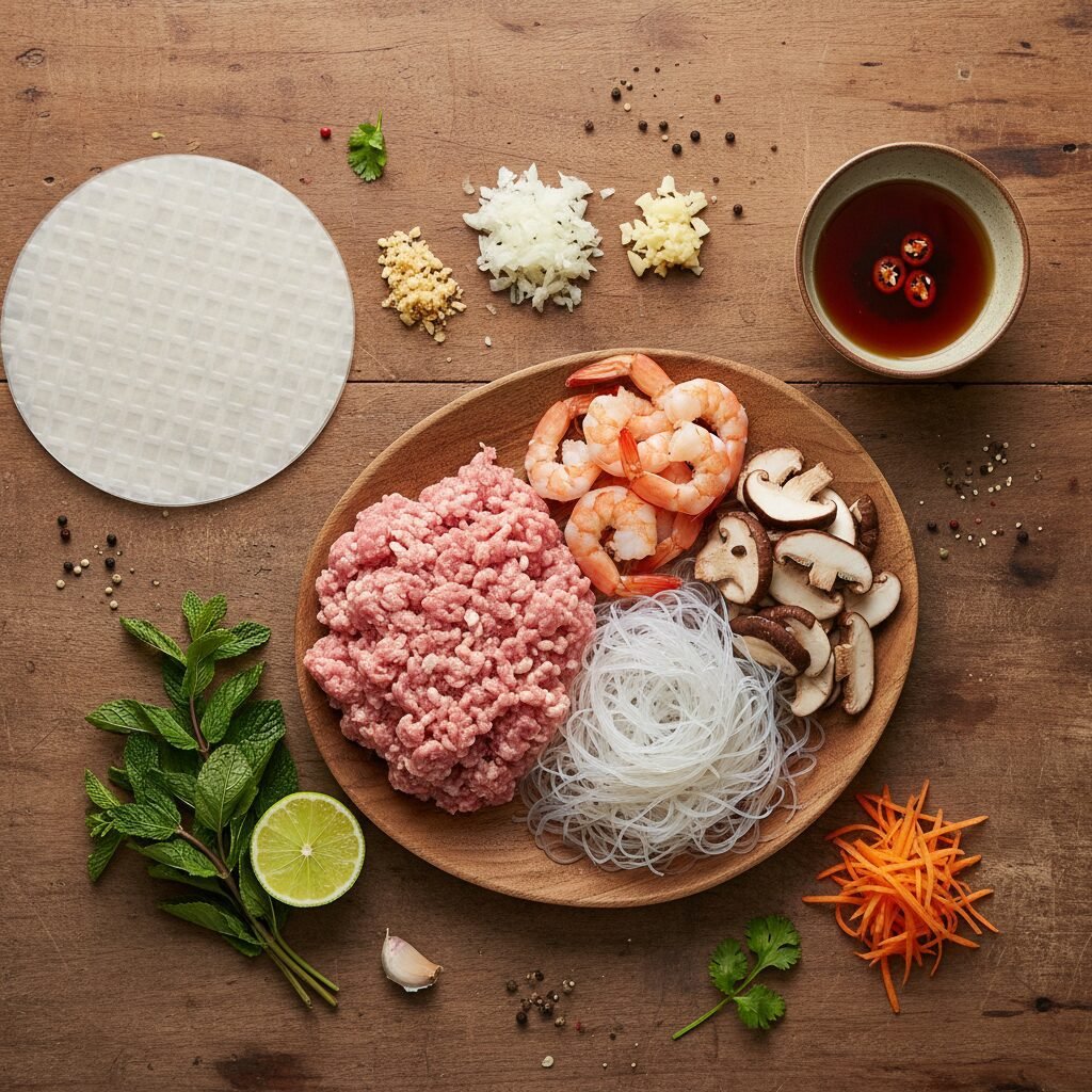 Photorealistic, high-end food photography. A flat lay of all the raw ingredients