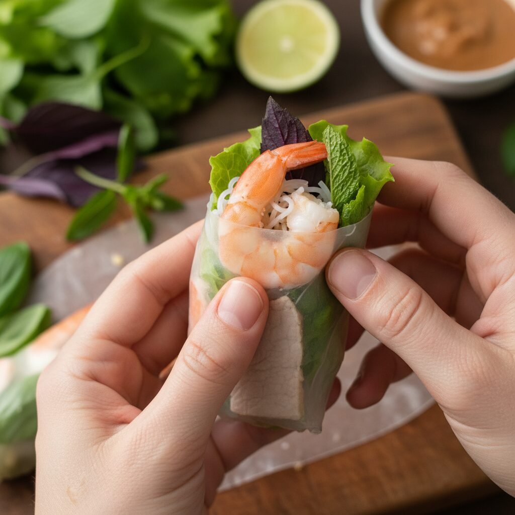 Photorealistic, high-end food photography. A close-up shot of hands carefully ro