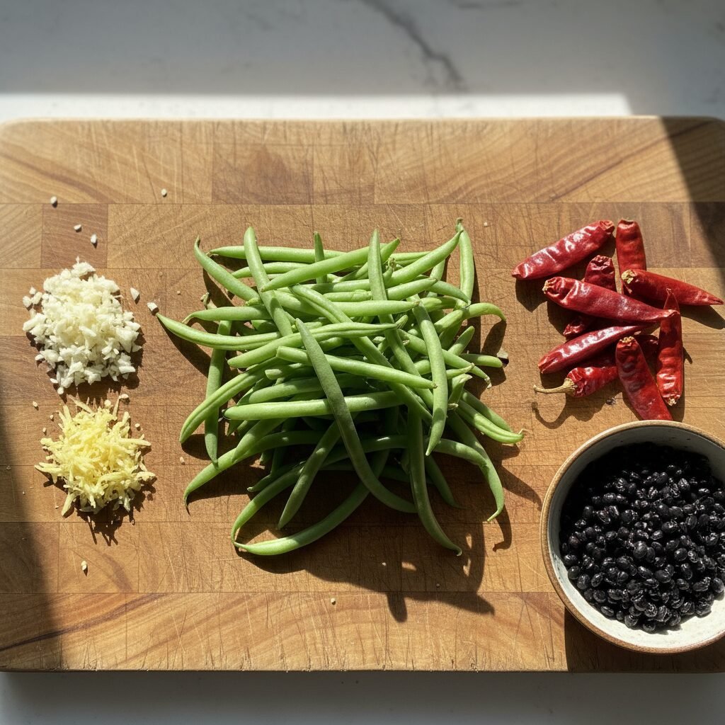 Photorealistic, overhead shot of fresh green beans, minced garlic, grated ginger