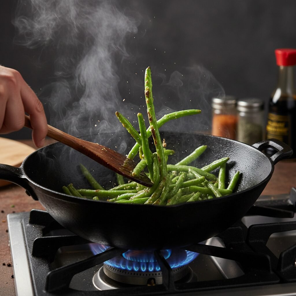 Photorealistic, action shot of green beans being stir-fried in a hot, well-seaso