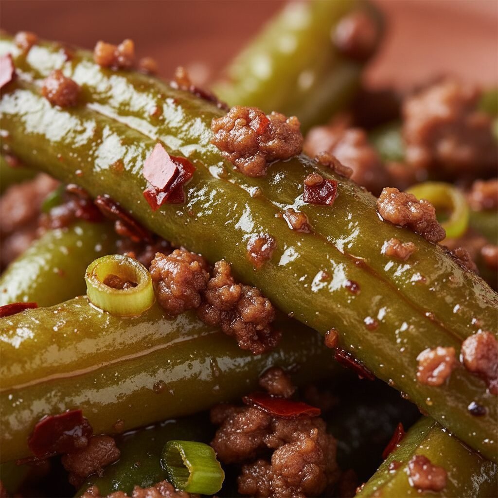Photorealistic, extreme close-up shot of a single blistered Szechuan dry-fried g