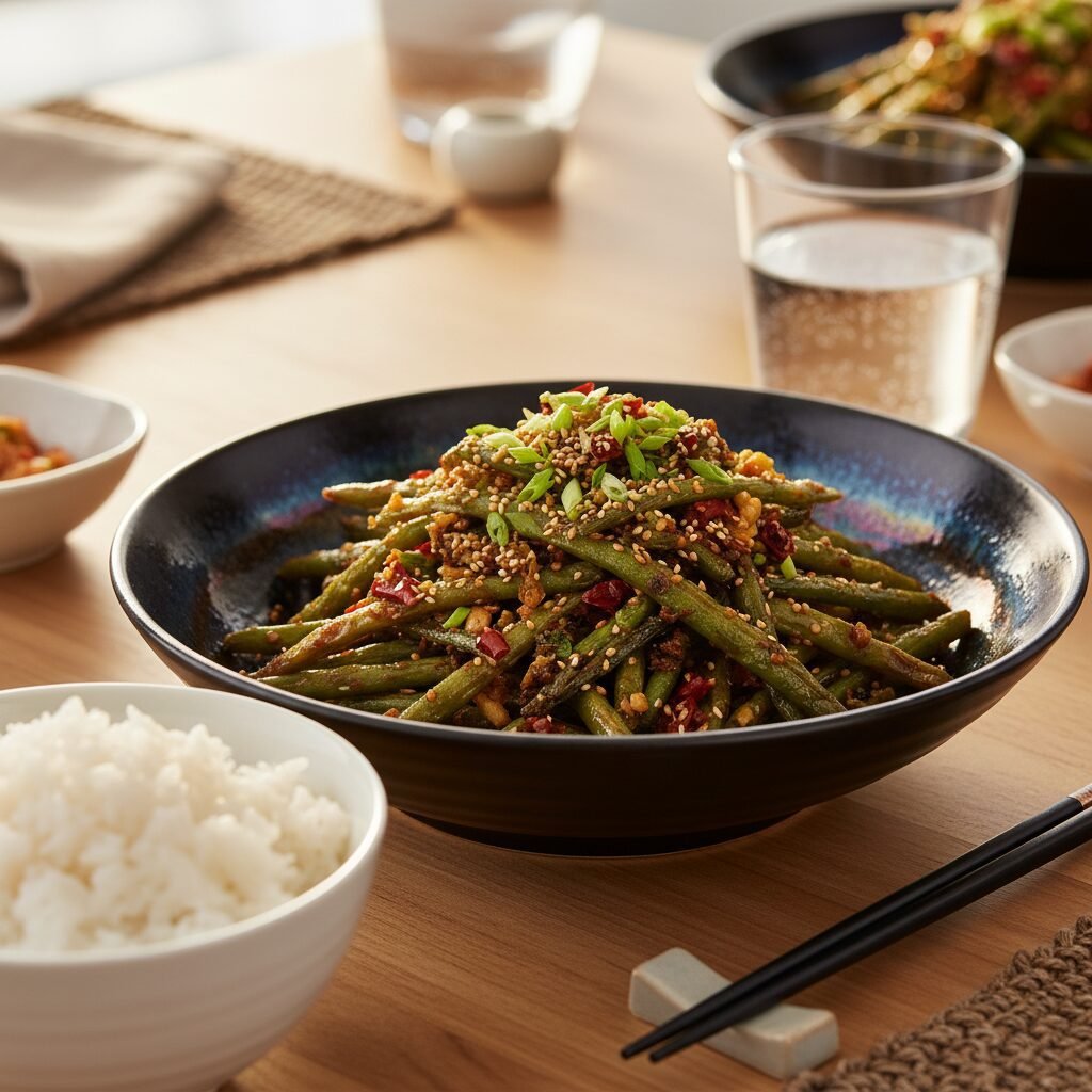 Photorealistic, beautifully plated Szechuan Dry Fried Green Beans in a stylish s