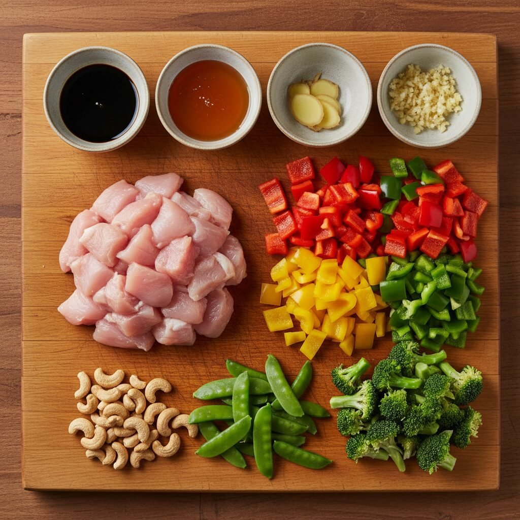 Photorealistic, overhead shot of all the raw, prepped ingredients for Cashew Chi