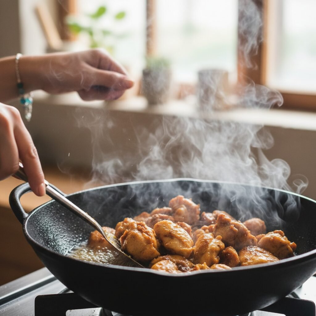 Photorealistic, action shot of chicken pieces searing in a hot wok, with a chef'