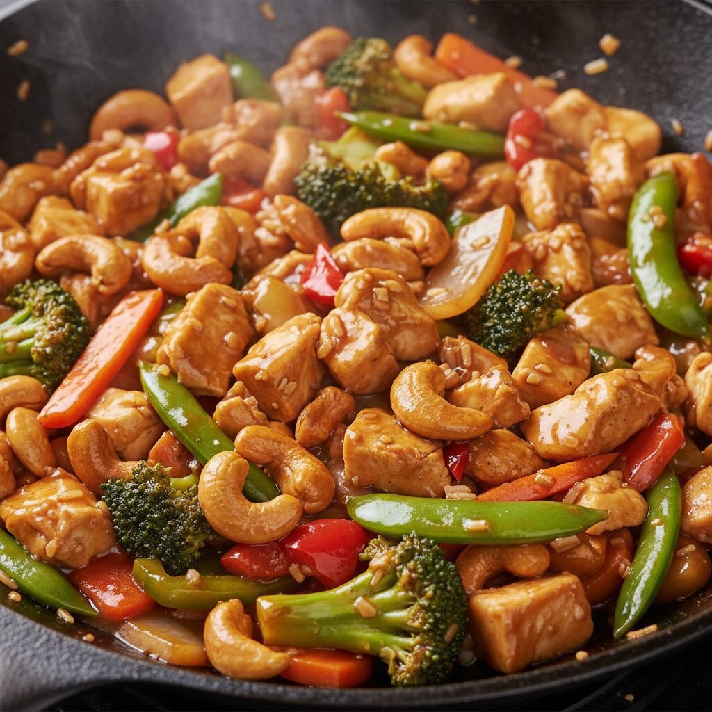 Photorealistic, extreme close-up shot of the Cashew Chicken Stir Fry in the wok,