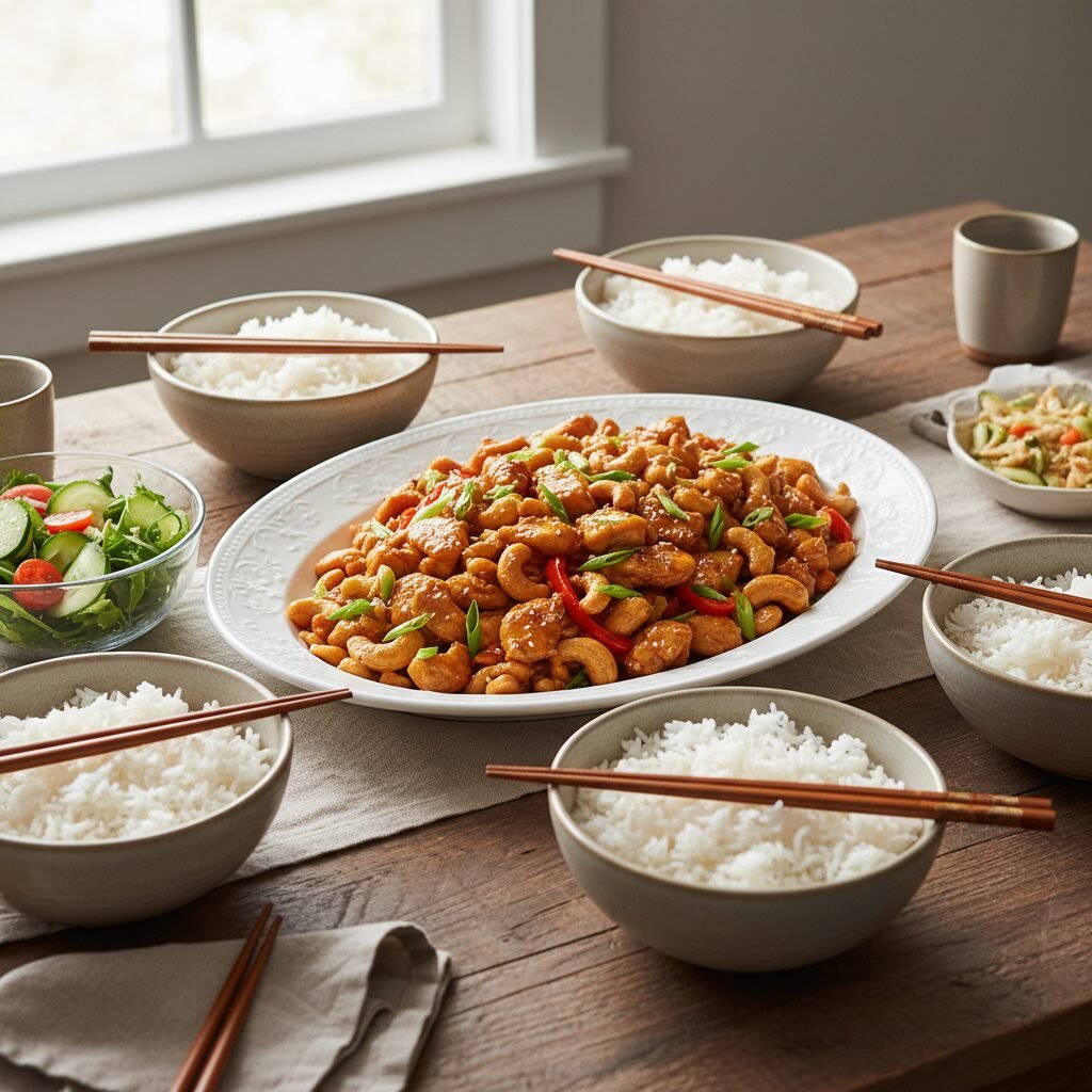 Photorealistic, beautifully styled dinner table setting with a family-sized serv