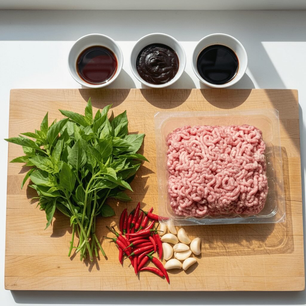 Photorealistic, overhead shot of the raw ingredients for Spicy Basil Pork laid o