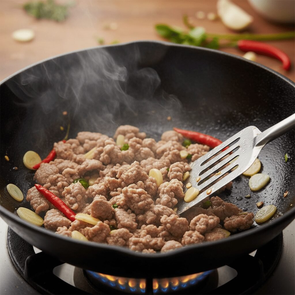 Photorealistic, action shot of ground pork being stir-fried in a hot, well-seaso