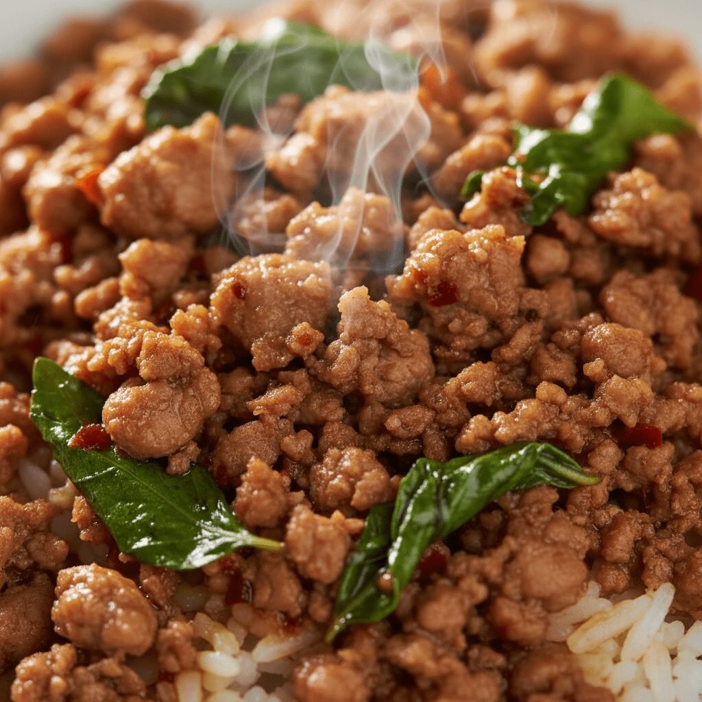 Photorealistic, extreme close-up shot of the cooked Spicy Basil Pork, focusing o