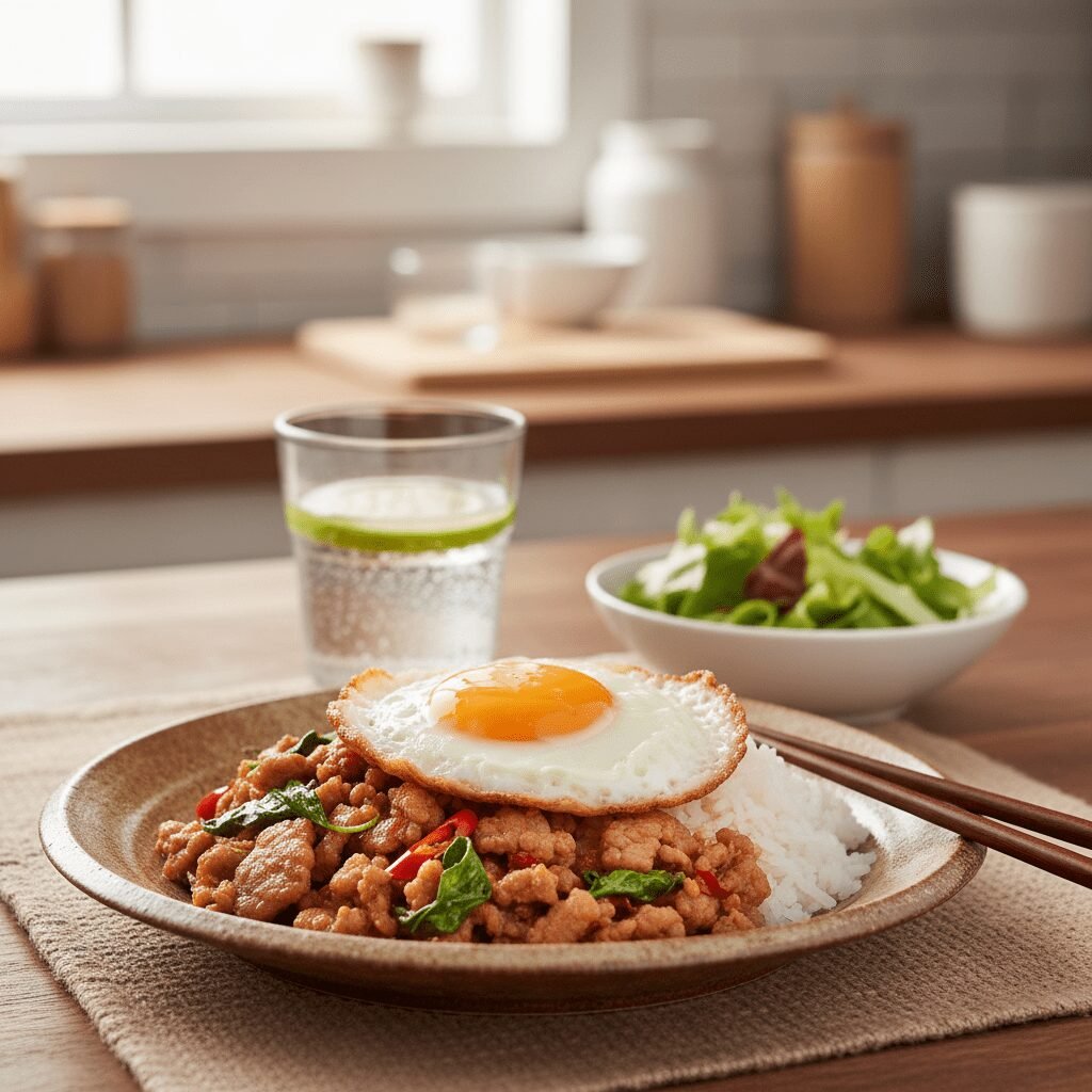 Photorealistic, beautifully styled table setting featuring a single serving of S