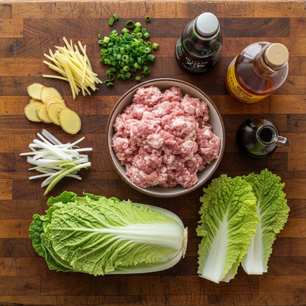 Photorealistic, top-down shot of all the raw ingredients for Braised Chinese Lio