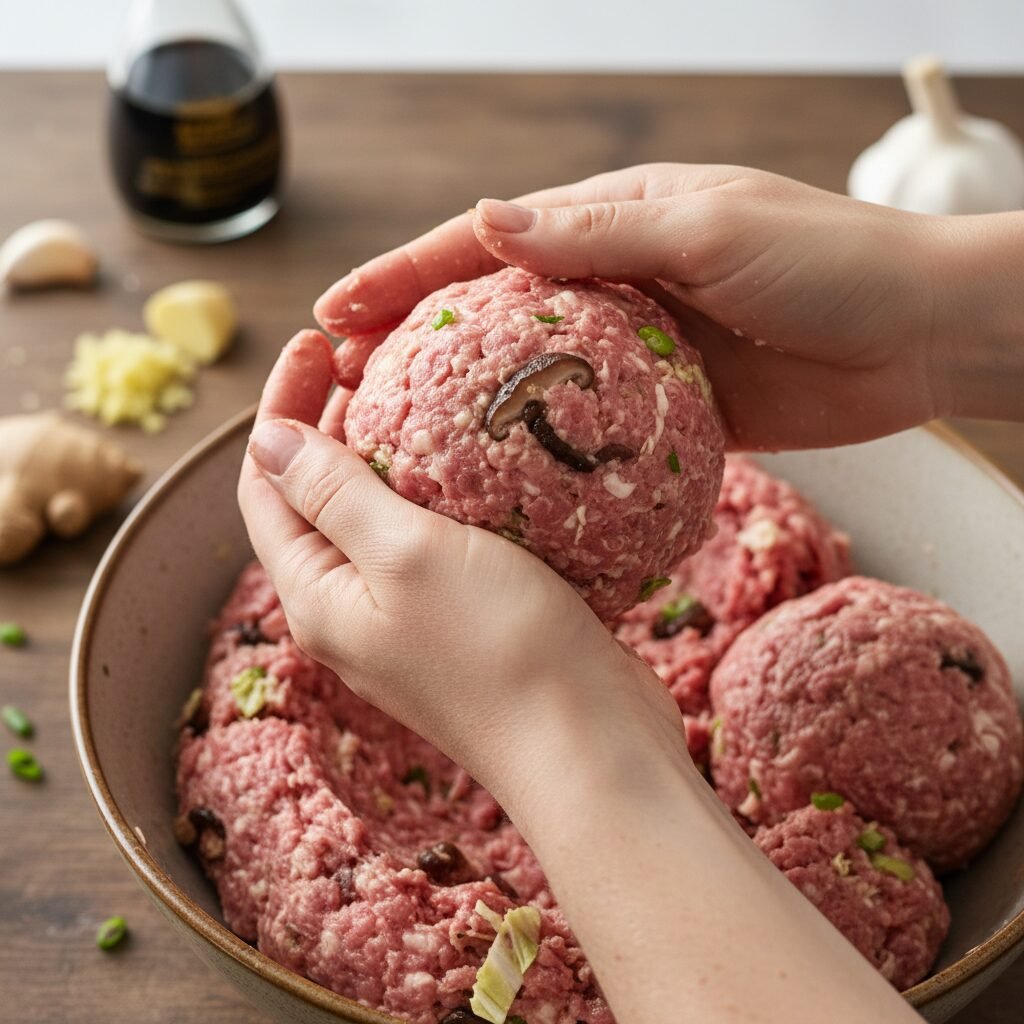 Photorealistic, close-up action shot of hands gently forming the large, round Li