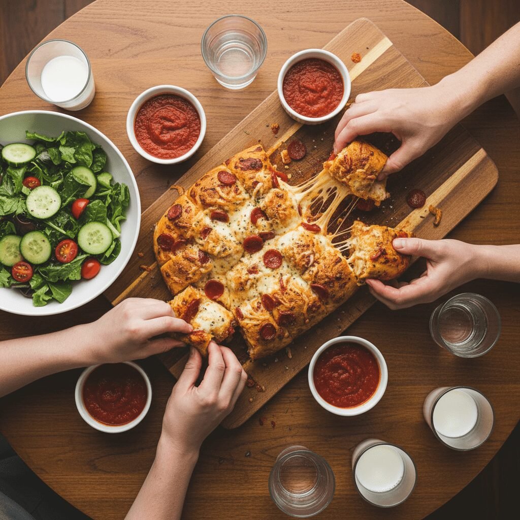 Photorealistic, overhead shot of a family-style dinner table setting. The Cheesy